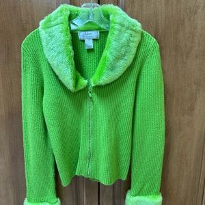 Lime green sweater with fur around neck and cuffs.  Vintage look.
